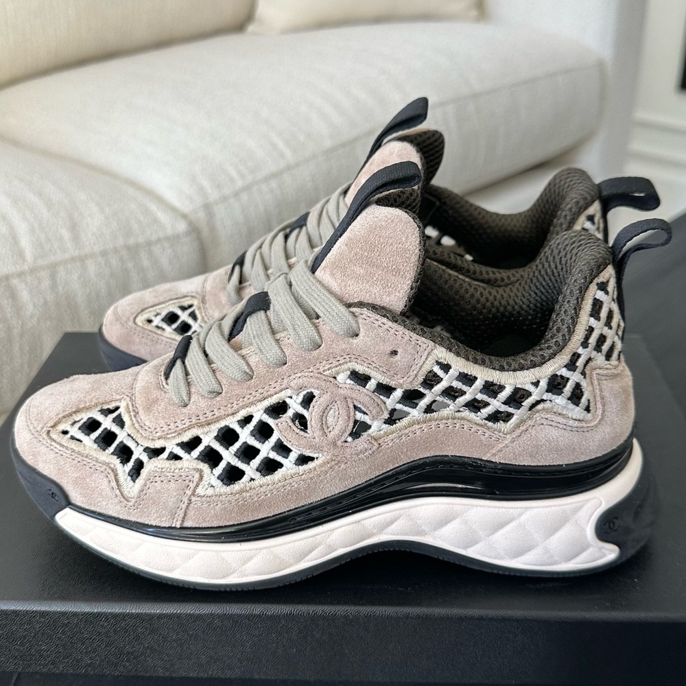 CHANEL Beige and Black Suede Sneakers, Authentic